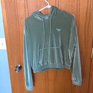Green velvet pink cropped hoodie